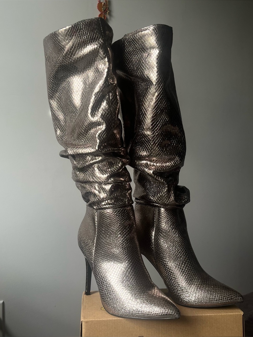 Metallic silver Slouch Knee-High Pointed-Toe Stiletto Boots